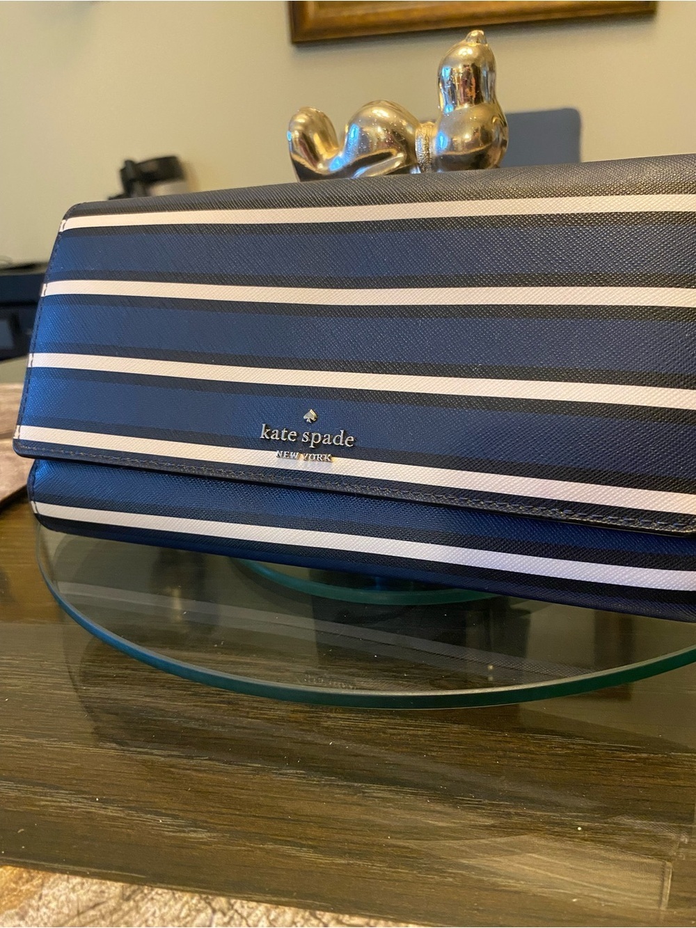 kate spade Navy and White Striped Flap Clutch
